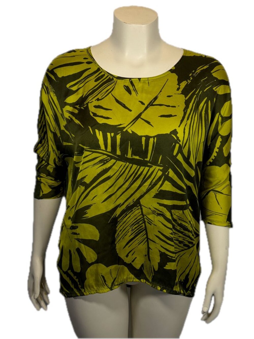 Coldwater Creek Green Chartreuse Women's Top L Olive Green Tropical Leaf Print